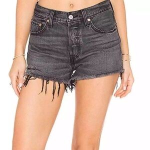 Levi’s 27 501 Jean Shorts In Slashed Black Cutoff Distressed Fray Hem
